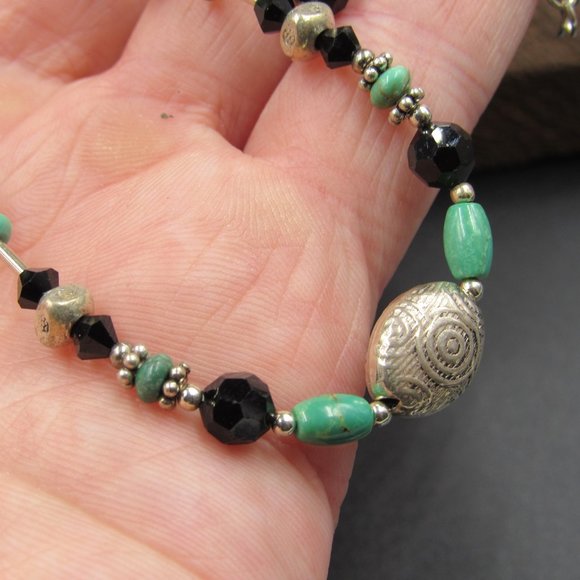 16" Sterling Silver Green & Black Stones Necklace Vintage - Picture 3 of 7